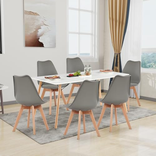 H.J WeDoo Esszimmergruppe Esstisch mit 6 Stühlen Essgrupp, Rechteckig Küchentisch und 6er Set Esszimmerstühle Sitzgruppe für Wohnzimmer Küche Büro(160x80cm Tisch+6 Grau Stühle)