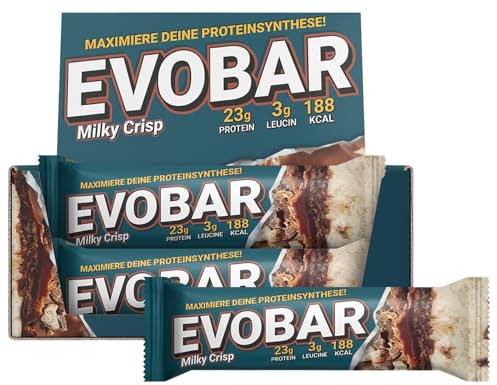 EVO SPORTS FUEL EVOBAR Milky Crisp Protein Riegel | 12 x 60g | ZERO palmöl Eiweißriegel mit 23g protein pro Bar | geprüfte Qualität | Made in Germany (1er Pack)