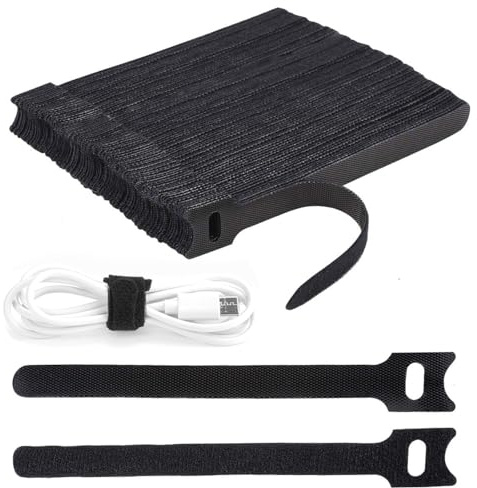100 Pack Cable Tie Reusable Black Straps Adjustable Releasable Extension Hook and Loop Tidy Wraps for Headphones HDMI Ethernet Printers Laptops USB Data Cables