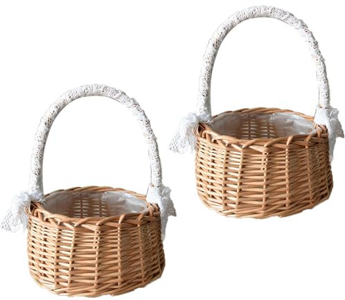 2 Piezas Cestas Mimbre con Asa, Boda Flor Cesta, Cesta de Paja, Cesta para Comuniones, Cestas Tejidas con Lazo, Cesta de Flores Tejida para Boda Ceremonia Fiesta, Decoración Del Jardín(Mediana)