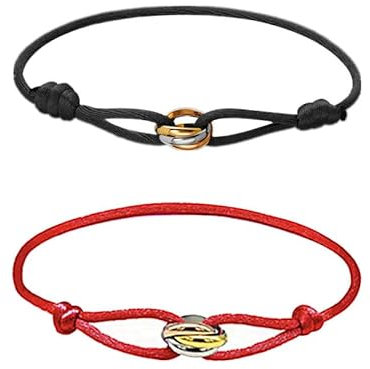 Azlanway Cordon de Voile Bracelet Femme Tricolore, 2 pièces bracelet couple, bracelet cordon avec anneau en acier inoxydable en argent, or & or rose, bracelets d'amitié(Noir + Rouge)