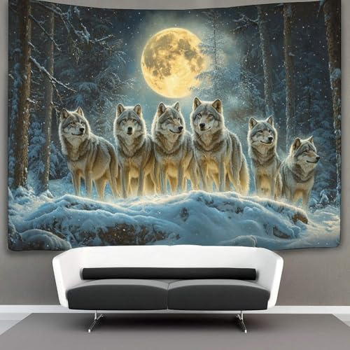 KWFYBEHZ Wölfe Wandteppich Wandbehang Wandtuch Tapestry Wall Hanging,Wandteppich Winterlandschaft with Vollmond Wanddeko Für Schlafzimmer Wohnzimmer Wohnheim 180cmx230cm