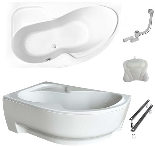 ECOLAM Baignoire d'angle Wela 150 x 100 cm gauche + tablier | oreiller Mare | pieds siphon set complet