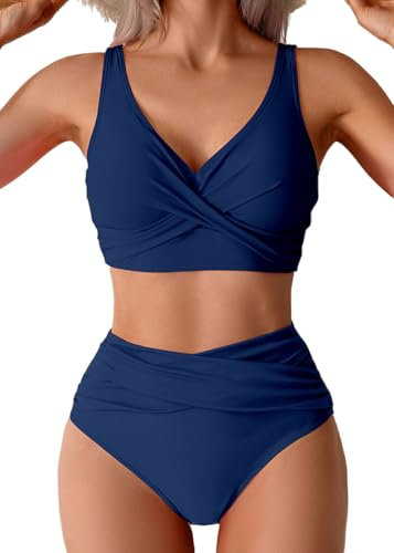 Sangdut Bikini Damen Set Push up High Waist Sexy Triangel Breites Unterbrustband Mit Cups Zweiteiliger Badeanzug Swimsuits(Blau,XL)