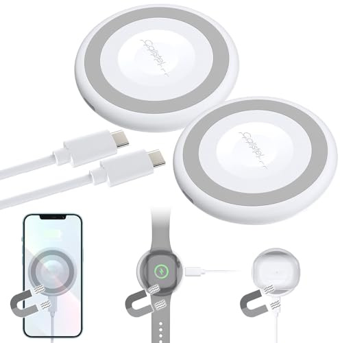 Callstel Ladegerät 15w: 2er-Set kabellose 3in1-Ladepads, Qi- & MagSafe-kompatibel, 15 W, weiß (Ladekabel Apple Watch SE, Qi-Wireless-Charger USB-C, Pad)