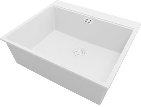 PRIMAGRAN Fregadero Cocina Todo Blanco 58x50cm, Fregadero Granito 1 Seno + Sifón, Fregadero sobre encimera al mueble 60cm - Oslo