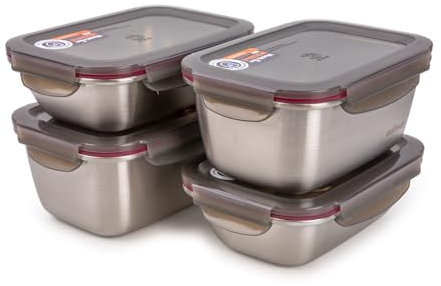PracticDomus Juego de Recipientes Cuitisan en Acero Inoxidable Cromosteel Aptos Microondas, Horno y Nevera (4X Rectangle)