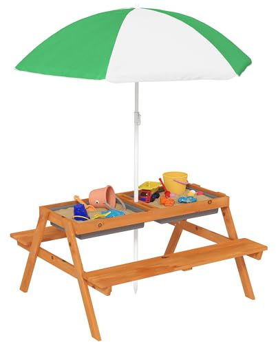 Outsunny Mesa de Picnic para Niños, Mesa de Madera para Arena y Agua con Bancos, Sombrilla Ajustable, Cubos de Almacenaje, Muebles de Jardín para Niños de 3 a 6 Años, Marrón