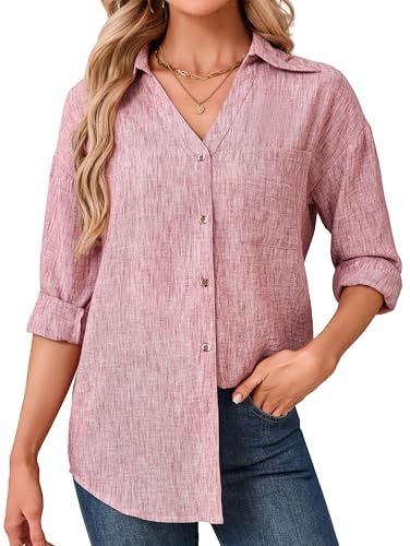 Enmain Camicia Donna in Lino e Cotone Scollo a V Camicie Donna Manica Lunga Bluse Elegante Estiva Primaverile Taglio Regolare per Ufficio Tempo Libero Viaggi Disponibile in Diverse Taglie S-3XL