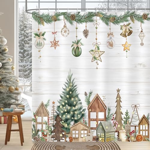 Bonhause Duschvorhang Weihnachten Weihnachtsbaum Winter Bauernhaus Xmas Duschvorhänge 180 x 180 cm Anti-Schimmel Wasserdicht Polyester Stoff Waschbar Bad Vorhäng für Badzimmer mit 12 Haken