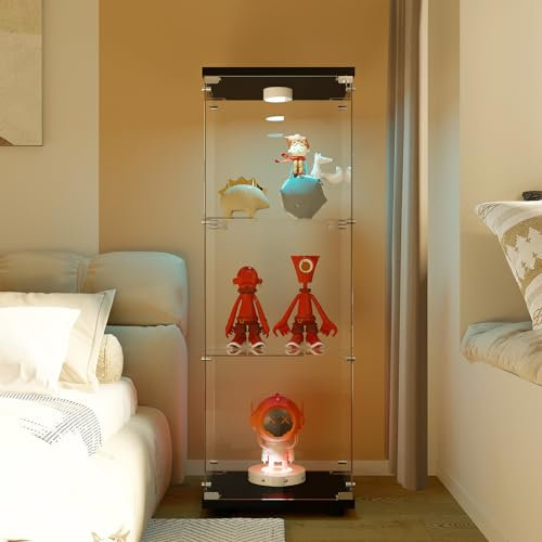 Glasvitrine,Sammlervitrine,Glas Vitrine mit 1 Türen 3 Einlegeböden, mit LED und Schloss, Transparente Vitrine, Geeignet für Wohnzimmer, Schlafzimmer, Büro Glasvitrine(Schwarz, 3 Etagen, 1 Tür + LED)
