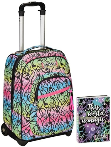 Seven Trolley Fisso, JumpLove, Rosa, 2 in 1, Doppio Uso, Trolley e Zaino, Scuola e Viaggio + Seven Diario 12 Mesi, Nero, Ragazza
