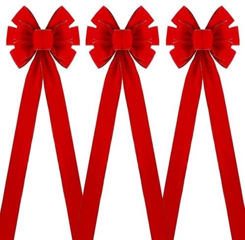 JOLCEEY 3PCS Christmas Red Bows Decorations, 10 x 30 Inches Large Velvet Christmas Tree Wreaths Bows with Glitter Gold Edge for Xmas Home Fence Stairs Railing Fireplace Indoor Outdoor Front Door Decor