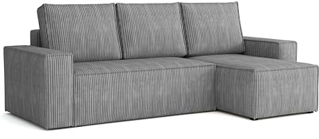 Ecksofa L Form Bergamo 240x142 cm mit Schlaffunktion und Bettkasten Couch Cord Schlafsofa Schlafcouch universale Seite, klein, Flur Sofa, 3 Sitzer Wohnlanschaft Cornersofa Bettsofa Kissen hellgrau