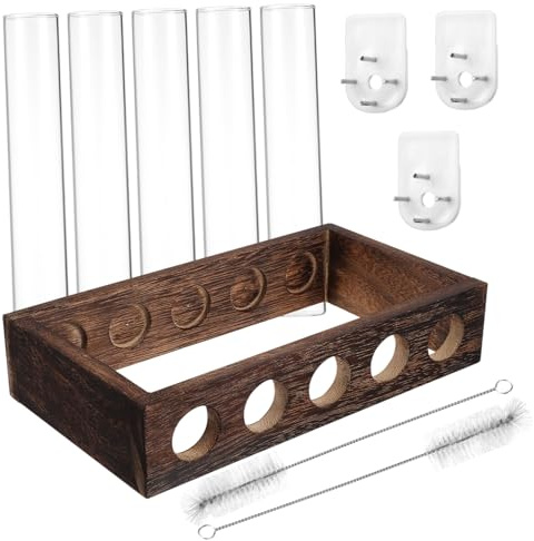 DOITOOL Holz Pflanzenständer mit Glas röhrchen zur Pflanzenvermehrung Wandhalterung und Tischdeko für Indoor Pflanzen Geeignet für Efeu Bambusähnliche Violette Zimmerpflanzen Modernes