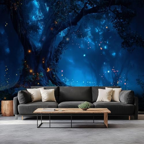 Papier Peint Intissé Forêt Magique Fantastique Arbre Ancien Lucioles 450 x 315 cm Papier Peint Photo Panoramique, Bleu Poster Mural Personnalisé 3D - Salon Chambre Adulte Enfant Décor Murale