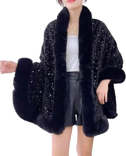 Generisch Pailletten Oberteil Damen Kunstpelz Poncho FleeceFutter Verdicken Umhang Winter Warme Stola Elegant Cardigan Mantel Glitzer Cape Karneval Kostüm Damen Umhang für Hochzeit Abend Party