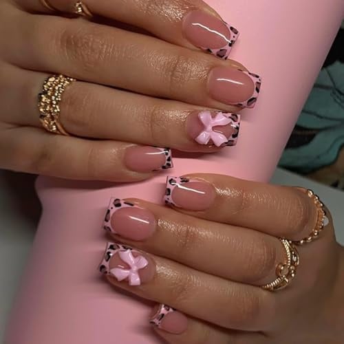 JUSTOTRY 24 chiodi rosa chiaro da incollare, corti, leopardo rettangolari con motivo a fiocco, unghie medie lucide, per donne