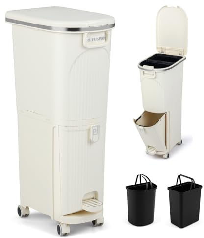 COSTWAY Recycling Bins, 38L/42L/43L Dry and Wet Separation Trash Can with 3 Compartments, Wheels, Stickers & Handle, Vertical Waste Separation System Pedal Garbage Can (Beige, 43L, 1 Lid)
