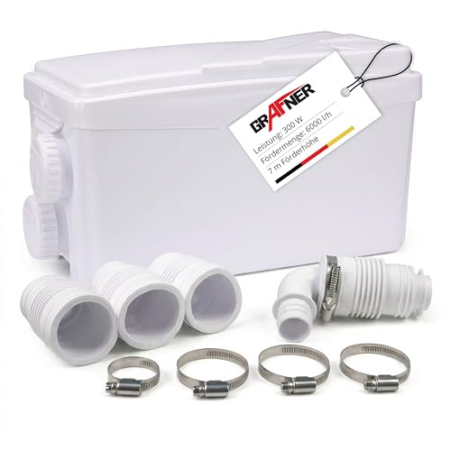 Grafner 3/1 Kleinhebeanlage 300W mit 6000 l/h, 3 Einlässe, 7m Höhe, 100L/min Hebeanlage, Rückschlag, Abwasserhebeanlage, Dusche, Spüle, Keller, Waschmaschine Fäkalienhebeanlage Pumpe