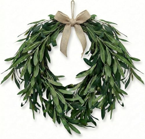 22 Inch Artificial Olive Wreath for Front Door, All Season Green Olive Leaf Fruit Wreath, Waterproof Outdoor Farmhouse Wall Window Wedding Arch Decor, Ideal Housewarming Birthday Gift