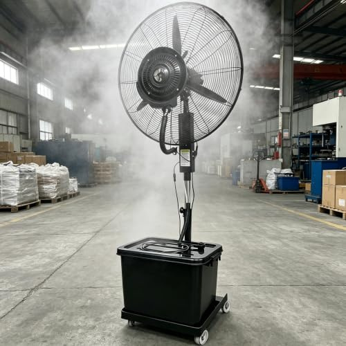 Meedlopia Ventilatore Nebulizzatore Industriale 42L, Ventilatore Professionale a Piantana con Ruote, 3 Velocità e Flusso Regolabile, Oscillante per Raffreddamento Esterno, Patio e Officina