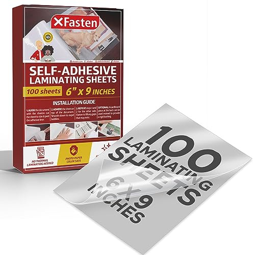 XFasten Self-Adhesive Laminating Sheets, 6 x 9 Inches (152.4mm x 0.22m), Pack of 100, 4.76 mil, Archival Safe and Yellowing Resistant Heavyweight Self Laminating Sheets