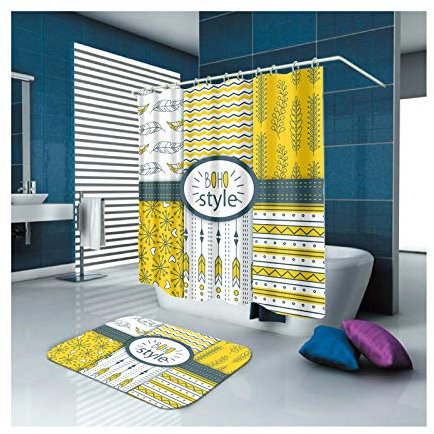 Daesar Rideau de Douche Tissu Imperméable Feuilles Coloré Rideaux Douche 150x200 CM Tapis de Douche 40x60 CM Ensemble Tapis de Bain et Rideau