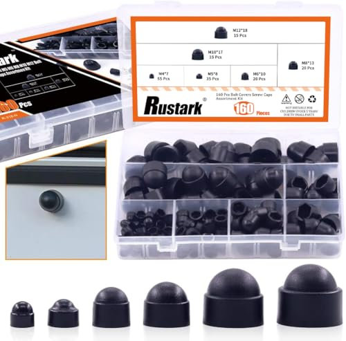 Rustak - Set di 160 tappi per viti assortiti, M4 M5 M6 M8 M10 M12 in plastica nera, inserto in nylon per viti o bulloni abbinati con scatola di stoccaggio