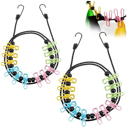 COM-FOUR® 2X Reisewäscheleine - 180-350 cm je Leine- Camping Wäscheleine mit reflektierendem Spanngummi - Wäscheleine mit je 12 Metall Klammern - Mobile Wäscheleine mit Haken (bunt/schwarz)