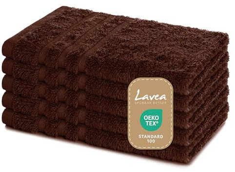 Lavea® 5er Set Gästehandtücher 30x50 cm – Weiche und Saugstarke Gästetücher aus 100% Baumwolle, Frottierserie Elena – Waschbar und Strapazierfähig - Kaffeebraun