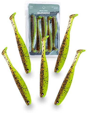 Zanderfang - Zander Gummifische - Kunstköder für Zander und Barsch - Gummiköder mit Fischaroma aromatisiert - UV-Aktivität - 5er-Set - Braun-Grün