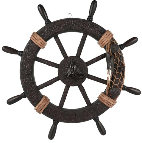 Healifty Nautical Ship Wheel Decor Rustic Boat Steering Wheel Fishing Net Wall Sculpture Rudder Hanging Ornament for Home Beach Theme Decor