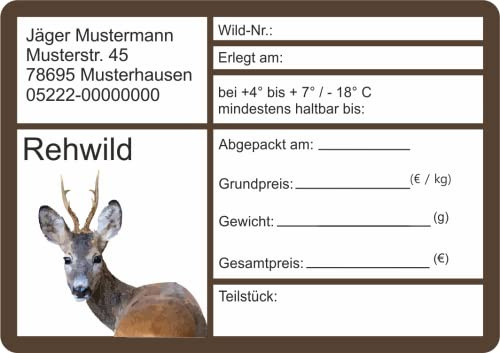 Wildbret Etiketten zur Kennzeichnung von Wildfleisch mit Adresse verschiedene Motive 9 x 6 cm (100 Stück, Rehwild)