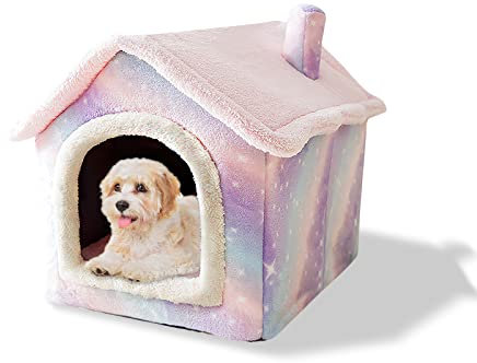 Galatée Katzenhöhlenbett, Waschbares Hundebett, Warmes Und Gemütliches Plüschkatzen-Iglu, Faltbares Komfortables Haustier-Katzenhaus, Haustierbett Mit Rutschfestem Boden(M, Rosa)