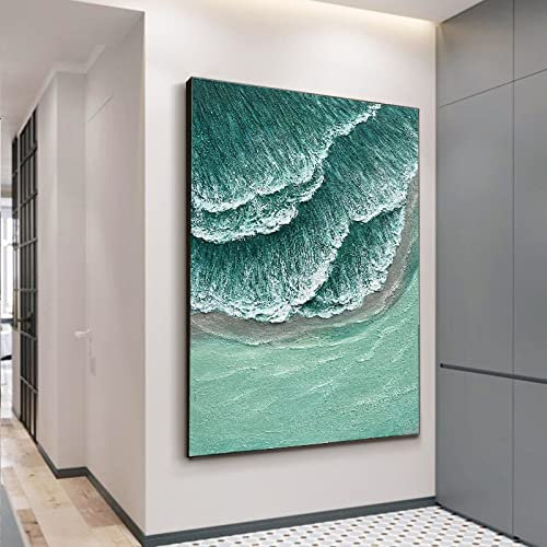 Acrylbilder, handgemalt auf Leinwand, Textur 3D-Landschaft Wogende Wellen Grüne Messermalerei Retro / Abstrakter moderner Luxus / für Familienwand Wohnzimmer Esszimmer Home Art Decor Company,Grün