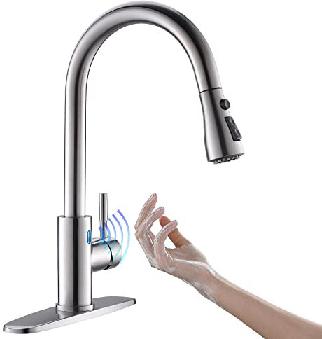 OWOFAN Grifo de cocina sin contacto con rociador desplegable con luz LED, grifo de fregadero de cocina de una sola manija, sensor de movimiento, manos libres, acero inoxidable níquel cepillado 1072SN