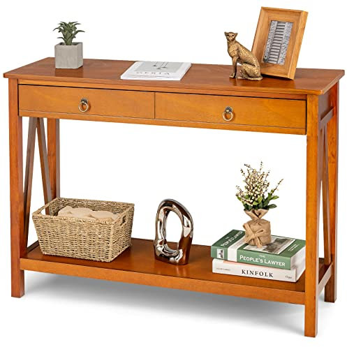 CASART Console Table, 2 Tiers Wooden Sofa Table with 2 Drawers & Shelf, Narrow Hallway Accent Table for Living Room Bedroom Entryway (Light Brown)