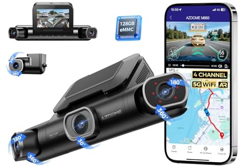 AZDOME M660 Dashcam Auto 4 Kanal 360°, 2.5K + 3×1080P Autokamera Vorne Hinten Links Rechts, 128GB eMMC ohne SD-Karte, GPS 5.8GHz WiFi, 3 IPS Bildschirm, WDR Nachtsicht, G-Sensor, Parkmodus
