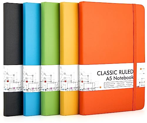 Feela Notizbuch A5 liniert Hardcover, 5 buntes Notizbücher Set, Journal Buch mit 5 Gelstifte schwarz, 120 GSM, 13x21cm, Notizblock Set geeignet für Büro, Schule, für Kinder und Erwachsene, Din A5