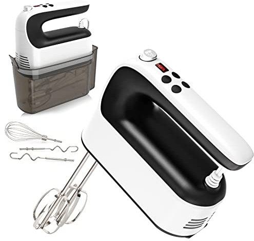 Yomelo 9-Speed Digital Hand Mixer Electric, 400W Powerful DC Motor, Baking Mixer Handheld with Snap-On Storage Case, Touch Button, Turbo Boost, Dough Hooks, Whisk (White & Black)