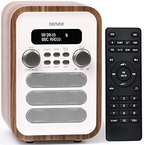 Denver DAB-48 Bluetooth DAB Radio With Remote Control - DAB/DAB+ Digital Radio Mains Powered – DAB Bluetooth Radio Speaker – DAB Alarm Clock – White With Large Remote Control