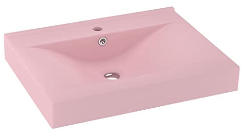 Waschbecken Rechteckig 60 x 46 cm Keramik Waschtisch Waschplatz Handwaschbecken Aufsatzwaschbecken Waschschale Aufsatzwaschtisch mit Hahnloch und Überlauf, Matt-Rosa