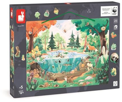 Janod - Magnet-Puzzle Der Teich - 70 Magnete aus FSC-Holz - 1 Erklärungsposter - Lernspiel - Fauna und Flora - WWF-Partnerschaft - Ab 5 Jahre, J08647