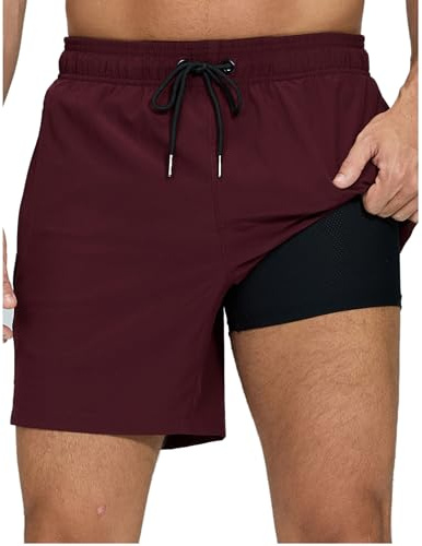 outfit spring Badehose Herren Schnelltrocknend mit Reißverschlusstasche, 2-in-1 Badeshorts für Herren mit Kompressions-Innenhose, Boardshorts Männer für Strand, Pool & TrainingC0 Bordeaux, L