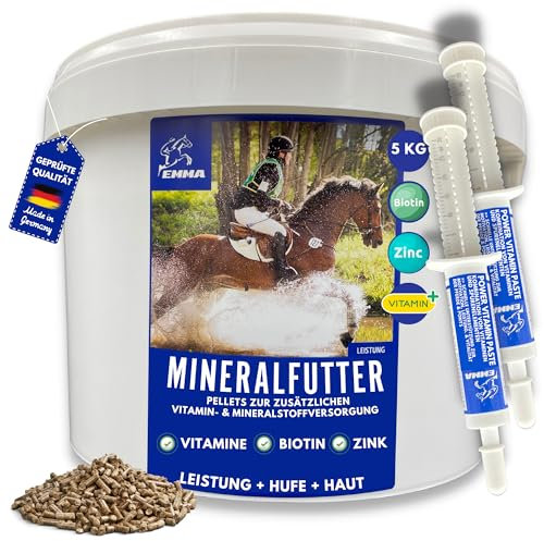 Mineralfutter Pferd mit Selen Magnesium Bierhefe Biotin Pferd I Pellets & Vitamin Paste Zink für Pferde Mineralien komplex 5Kg 2x30ml Biotin hochdosiert Pferdefutter für Huf Fell Mineralstoffe komplex