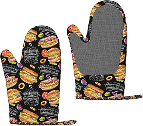 Ofenhandschuhe Burger auf schwarzem Hintergrund Silikon-Ofenhandschuhe Anti-Rutsch-Kochhandschuhe, hitzebeständige Backhandschuhe EIN Paar