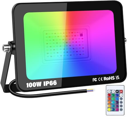RIGIDON 1x 100W RGB LED Strahler Mit Fernbedienung, 10000LM RGBW Farbwechsel Flutlicht, 16 Farben 4 Modi Dimmbar Fluter Lampe Für Party Garten Baum Landschaft, Disco Feiern, Außen Wasserdicht IP66