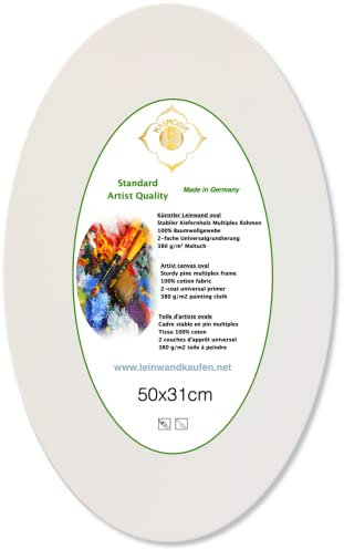 Künstler Keilrahmen Leinwand oval 50 x 31 cm auf Kiefernholz Rahmen bespannt mit 380 g/m² Baumwolle Gewebe grundiert - Made in Germany