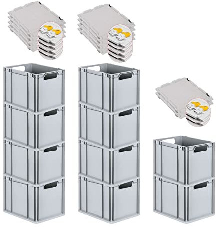 PROREGAL SuperSparSet 10x Eurobox NextGen Economy mit Scharnierdeckel & gelben Verschlüssen | Griffe offen | HxBxT 32x30x40cm | 30 Liter | Eurobehälter Transportbox Transportbehälter Stapelbehälter